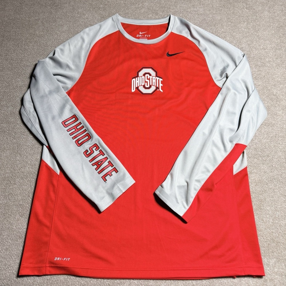 Nike Elite Ohio State Buckeyes Shirt Mens 2XL‎ XXL Red Gray Long Sleeve Dri Fit